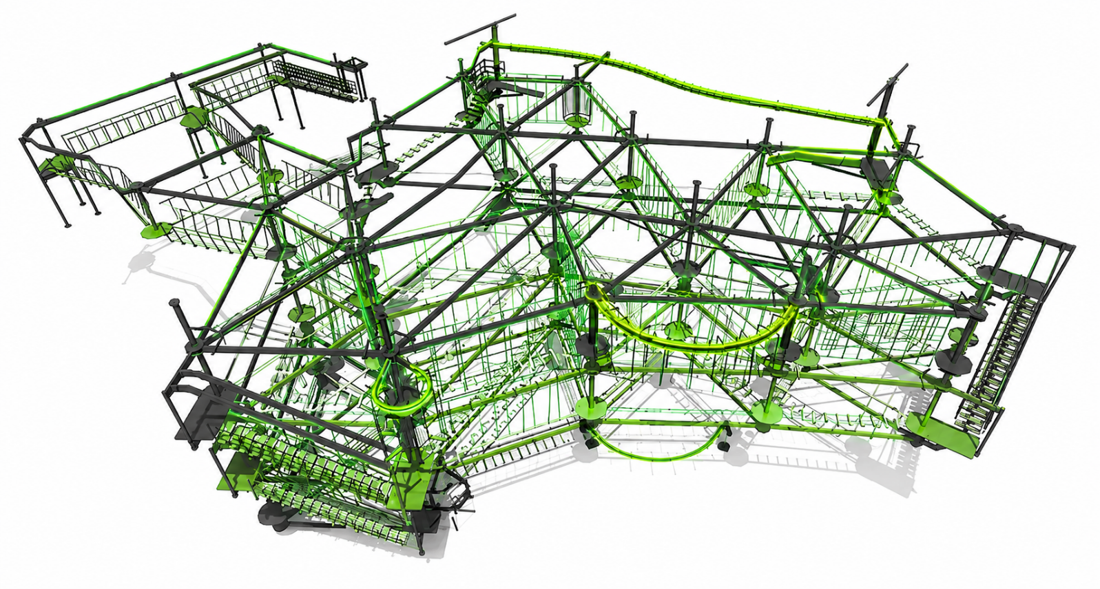 Green and black ropes course concept, with curved rope bridges and zip rail